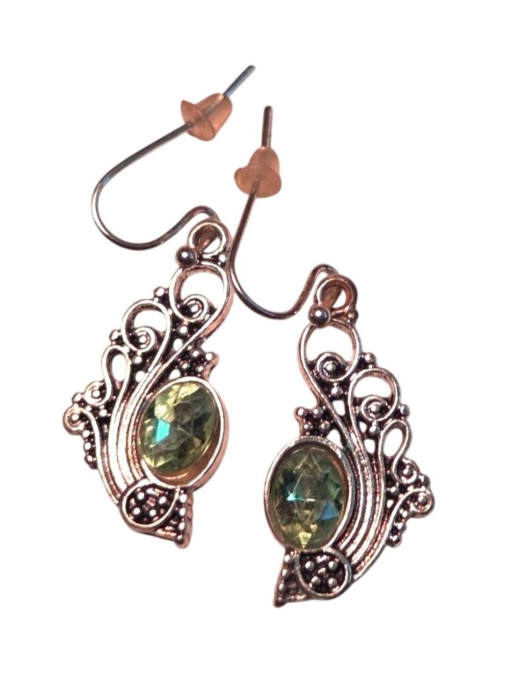 Vintage-Inspired Filigree Dangle Earrings With Green Oval Gemstones & Hook Backi
